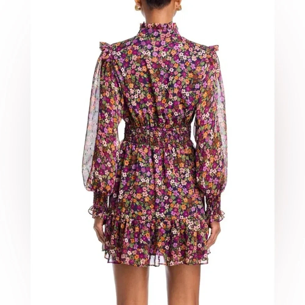 Aqua Multicolor Floral Long Sleeve Ruffled Mini Smocked Dress Exclusive Small